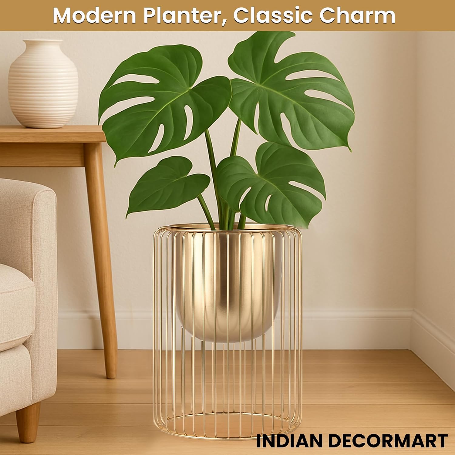 INDIAN DECORMART Modern Gold Metal Planter with Cylindrical Wire Cage Stand | Stylish Indoor Decorative Flower Pot for Home and Office Decor | Decorative Item for Living Room