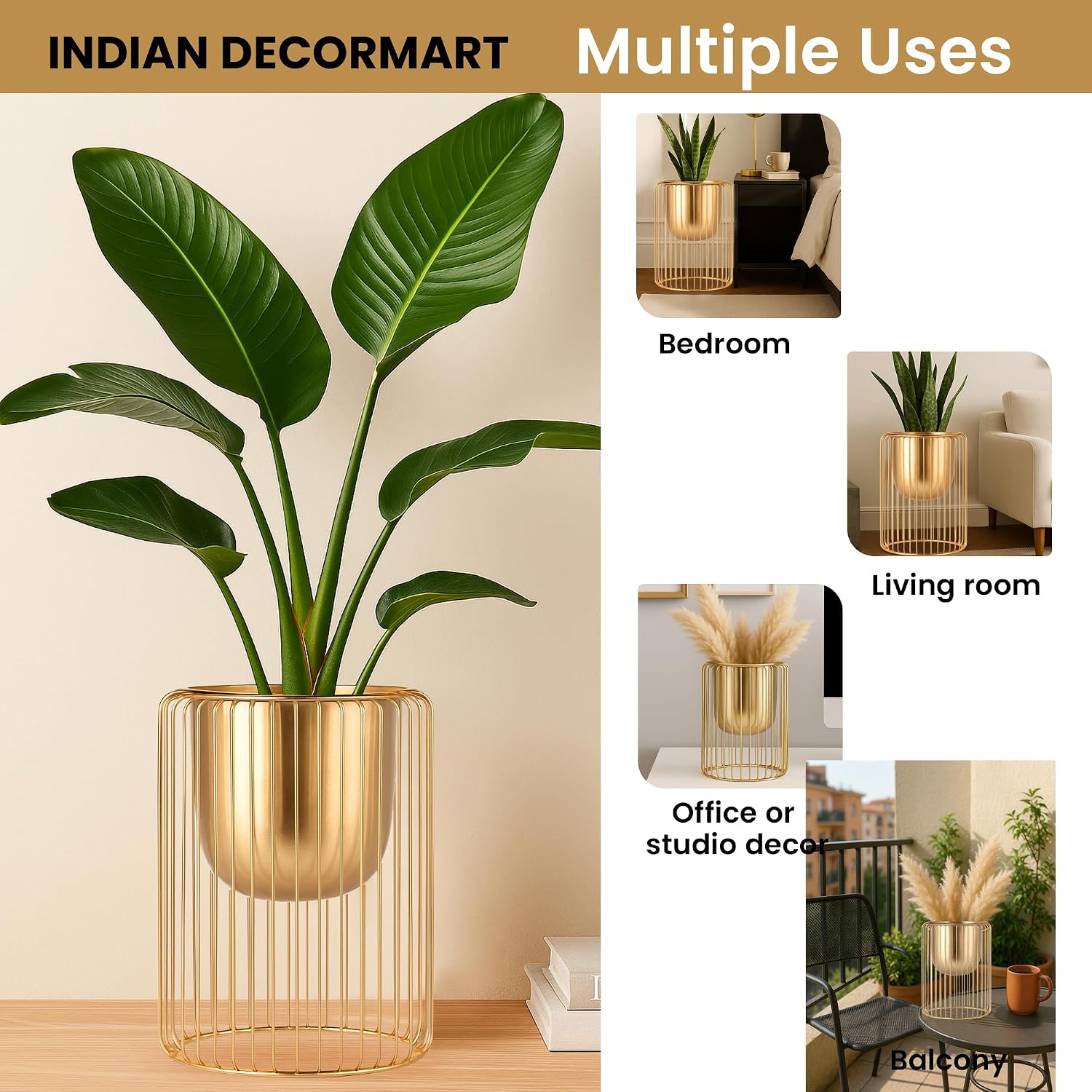 INDIAN DECORMART Modern Gold Metal Planter with Cylindrical Wire Cage Stand | Stylish Indoor Decorative Flower Pot for Home and Office Decor | Decorative Item for Living Room