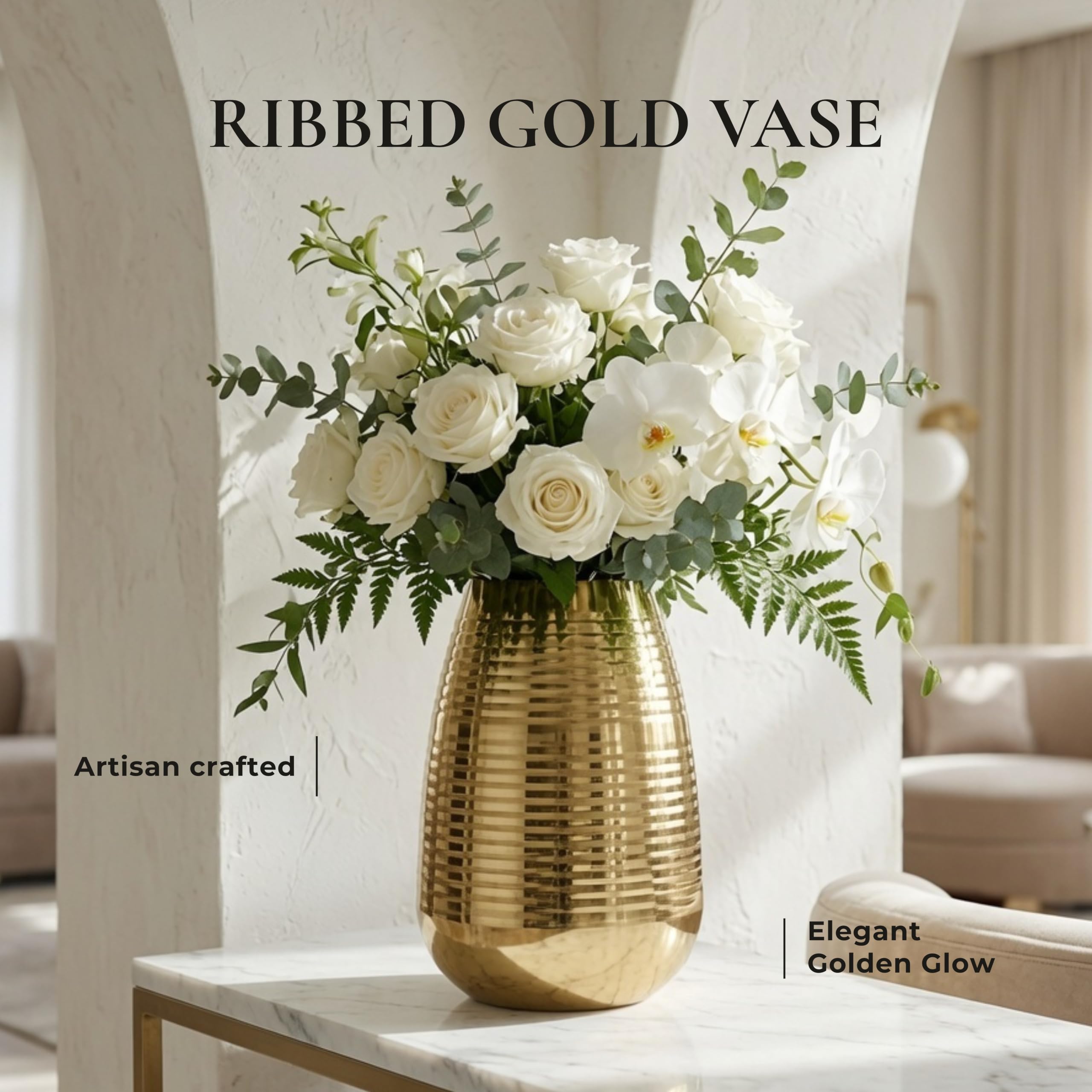 BEHOMA Oval Shape Metal Flower Vase for Home Decor (8.7 inches) | Golden Vase for Living Room, Dining Table & Corner Decor | Elegant Home Decoration Item for Fresh & Artificial Flowers