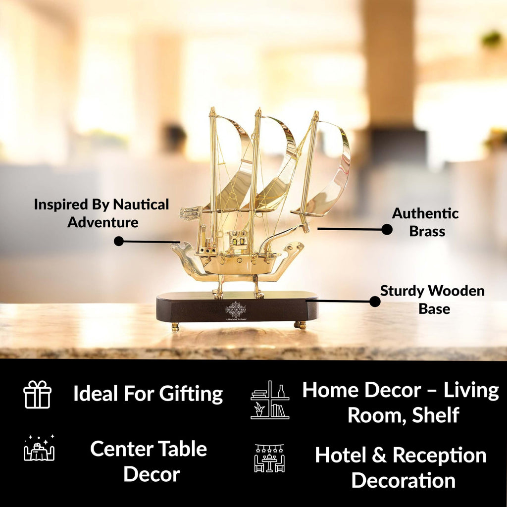 INDIAN ART VILLA Brass Ship with Wooden Base, Showpiece Item, Perfect for Home Decoration and Gifting, 12'' Inch