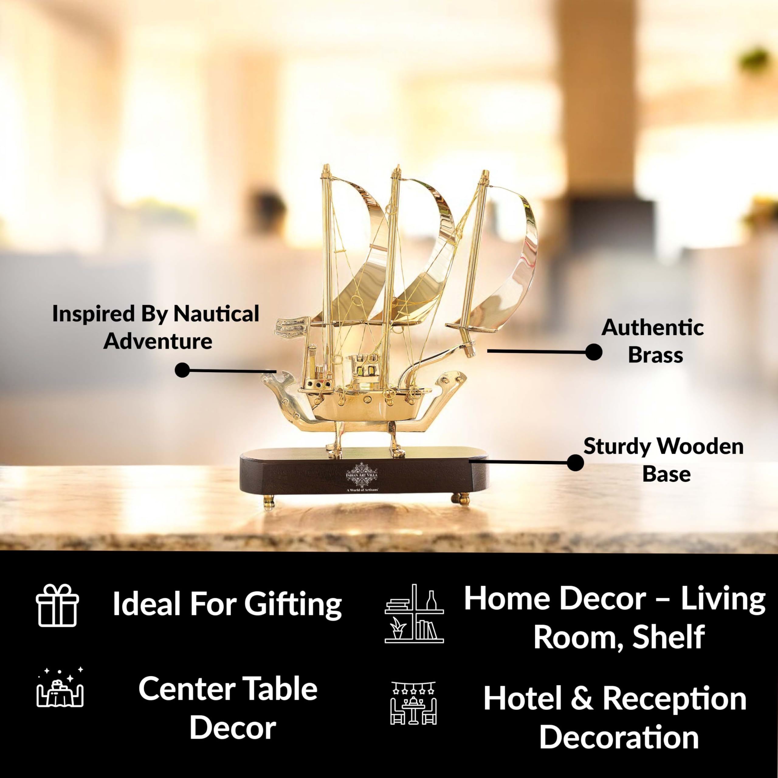 INDIAN ART VILLA Brass Ship with Wooden Base, Showpiece Item, Perfect for Home Decoration and Gifting, 12'' Inch
