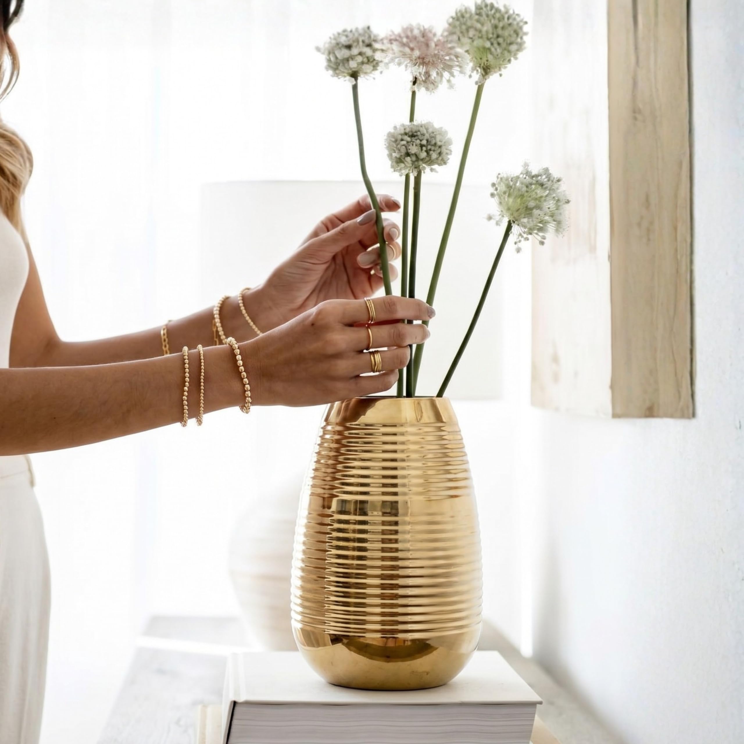 BEHOMA Oval Shape Metal Flower Vase for Home Decor (8.7 inches) | Golden Vase for Living Room, Dining Table & Corner Decor | Elegant Home Decoration Item for Fresh & Artificial Flowers