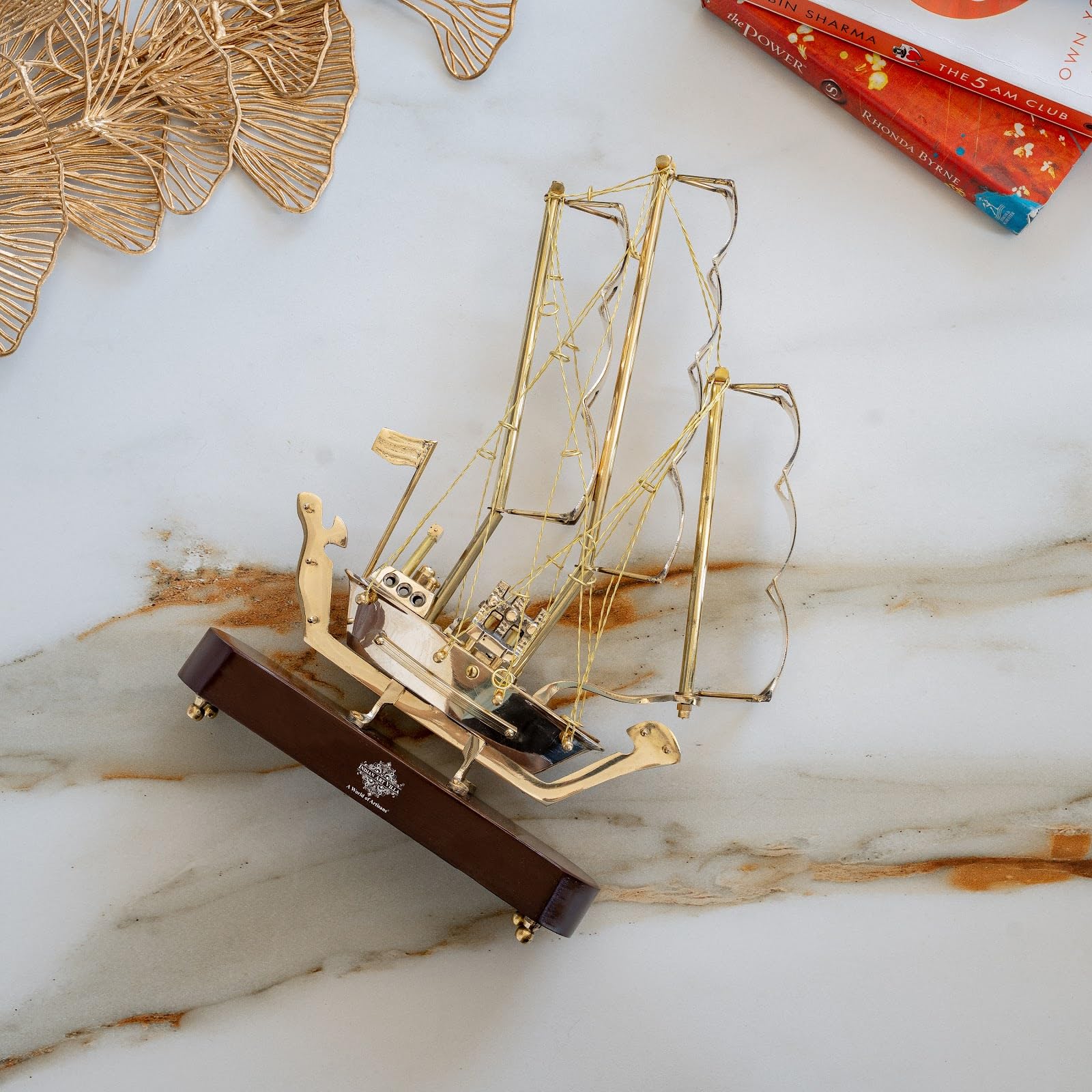 INDIAN ART VILLA Brass Ship with Wooden Base, Showpiece Item, Perfect for Home Decoration and Gifting, 12'' Inch