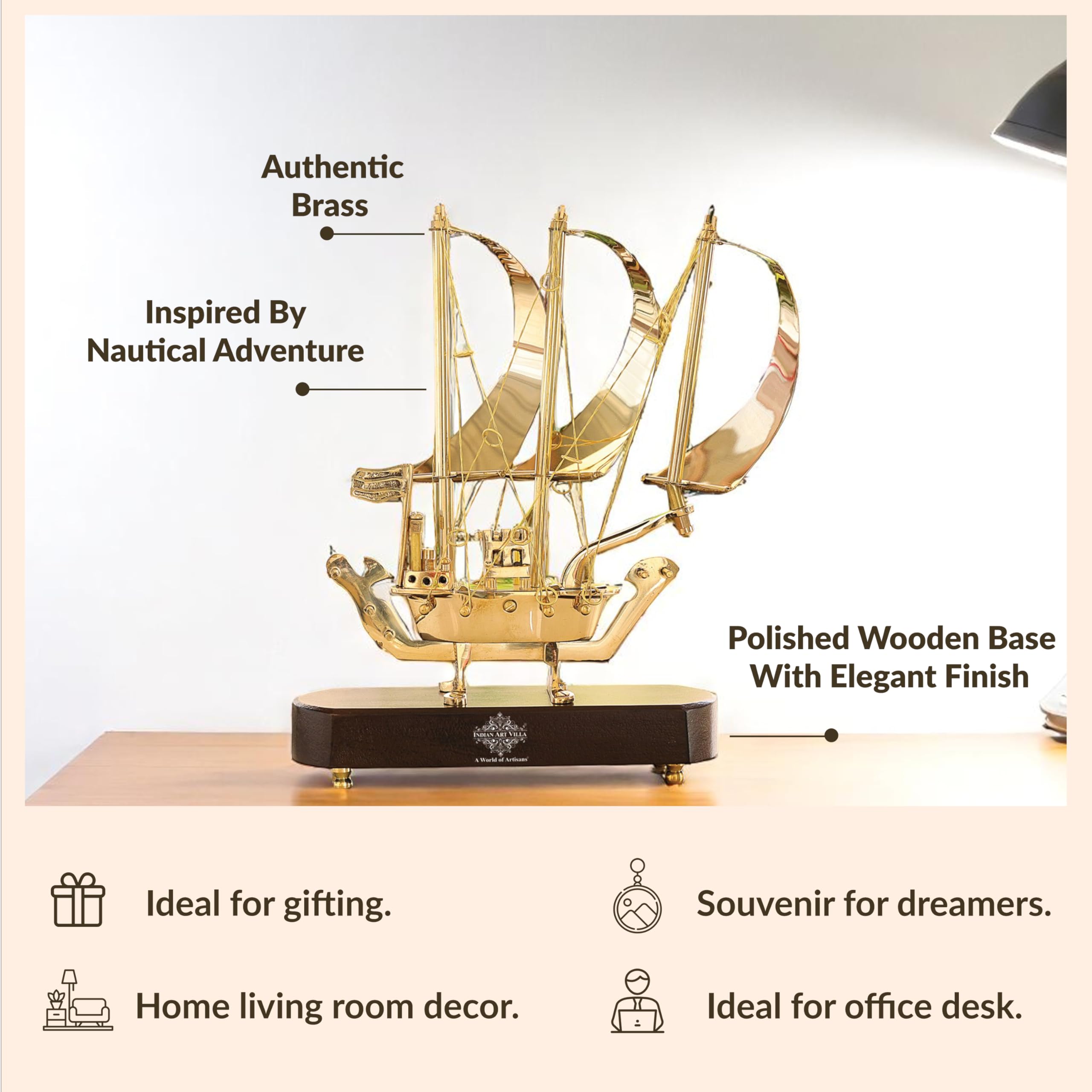 INDIAN ART VILLA Brass Ship with Wooden Base, Showpiece Item, Perfect for Home Decoration and Gifting, 12'' Inch