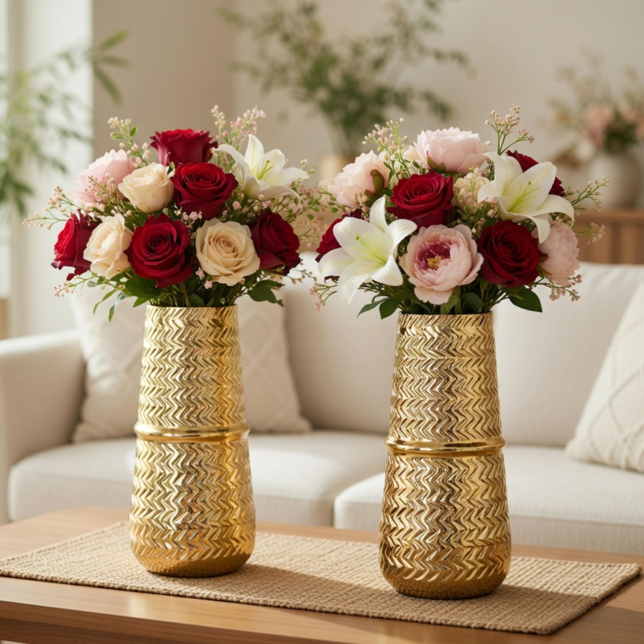 BEHOMA Oval Shape Metal Flower Vase for Home Decor (8.7 inches) | Golden Vase for Living Room, Dining Table & Corner Decor | Elegant Home Decoration Item for Fresh & Artificial Flowers
