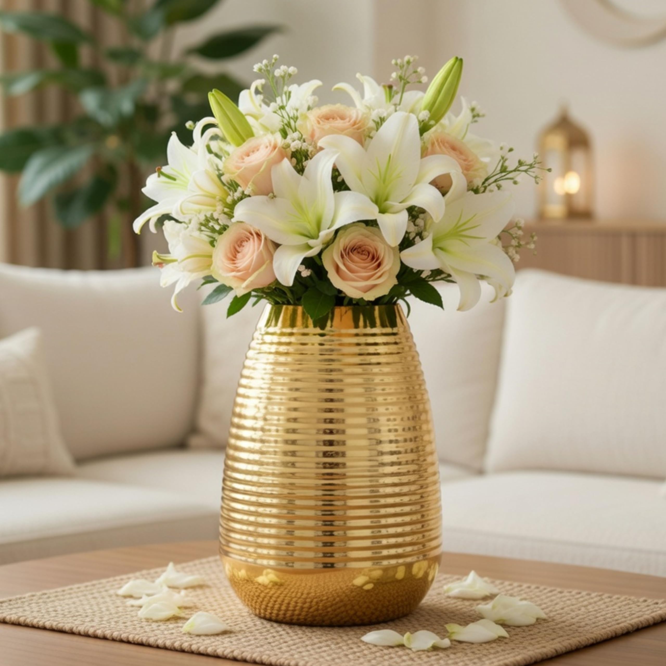 BEHOMA Oval Shape Metal Flower Vase for Home Decor (8.7 inches) | Golden Vase for Living Room, Dining Table & Corner Decor | Elegant Home Decoration Item for Fresh & Artificial Flowers