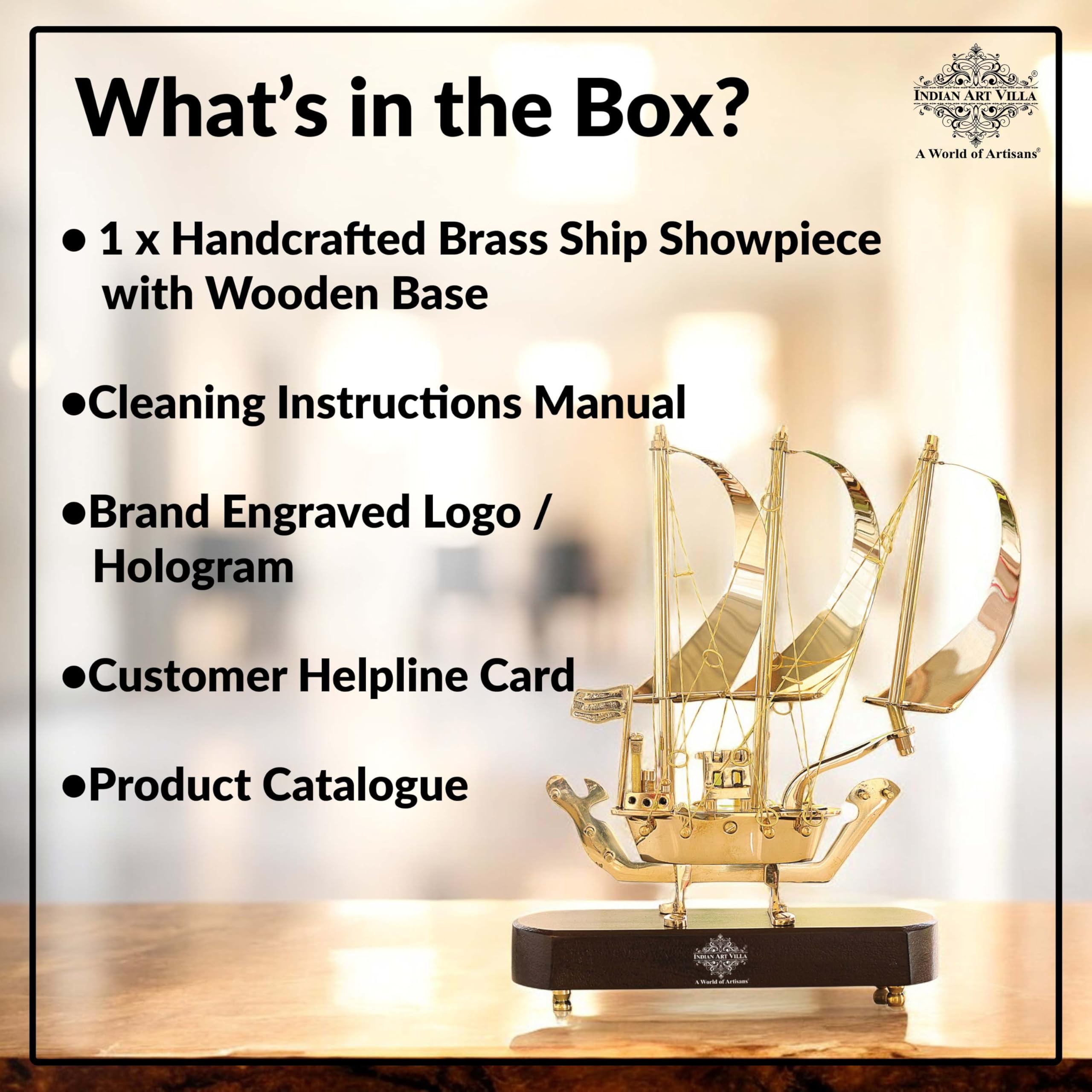 INDIAN ART VILLA Brass Ship with Wooden Base, Showpiece Item, Perfect for Home Decoration and Gifting, 12'' Inch