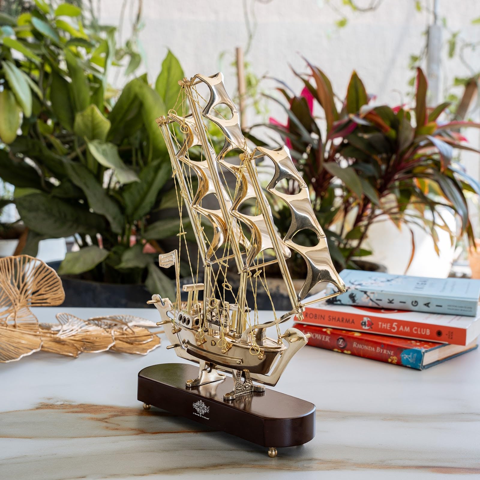 INDIAN ART VILLA Brass Ship with Wooden Base, Showpiece Item, Perfect for Home Decoration and Gifting, 12'' Inch